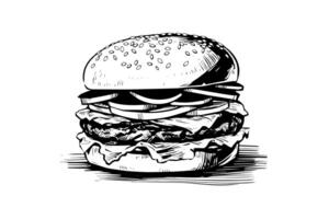 Burger engraving style art. Hand drawn vector illustration of hamburger. photo