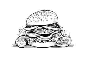 Burger engraving style art. Hand drawn vector illustration of hamburger. photo