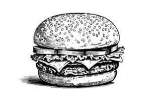 Burger engraving style art. Hand drawn vector illustration of hamburger. photo