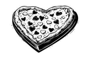 Heart-shaped pizza  sketch hand drawn engraving style Vector illustration photo