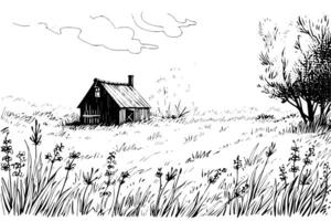 Rural landscape with a farm in engraving style. Hand drawn vector Illustration photo