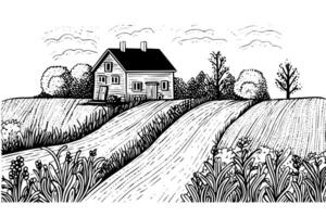 Rural landscape with a farm in engraving style. Hand drawn vector Illustration photo