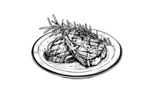 Meat steak on the plate. Hand drawing sketch engraving style vector illustration photo
