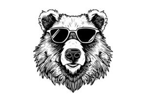 Bear head in glasses logotype vector engraving style illustration photo