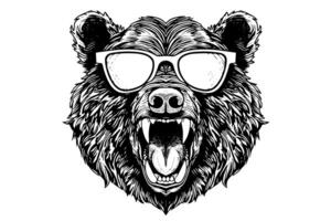 Bear head in glasses logotype vector engraving style illustration photo