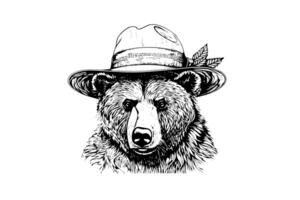 Bear head in the hat logotype vector engraving style illustration photo