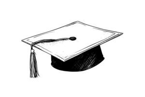 Graduation hat hand drawing vintage engraving vector illustration. photo