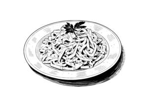 Italian pasta. Spaghetti on a plate, fork with spaghetti Vector engraving style illustration. photo