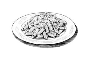 Italian pasta. Spaghetti on a plate, fork with spaghetti Vector engraving style illustration. photo