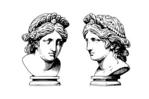 Set of antique statue head of greek sculpture sketch engraving style vector illustration pack. photo