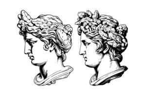 Set of antique statue head of greek sculpture sketch engraving style vector illustration pack. photo