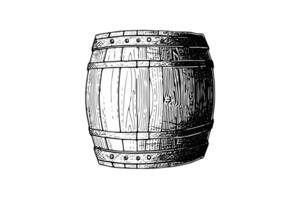 Oak wooden barrel hand drawn sketch engraving style vector illustration. photo