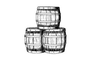 Oak wooden barrel hand drawn sketch engraving style vector illustration. photo