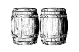 Oak wooden barrel hand drawn sketch engraving style vector illustration. photo