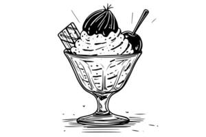 Ice cream scoops with berries and wafer sticks in glass cup. Ink sketch engraved vector illustration.