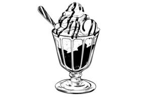 Ice cream scoops with berries and wafer sticks in glass cup. Ink sketch engraved vector illustration.