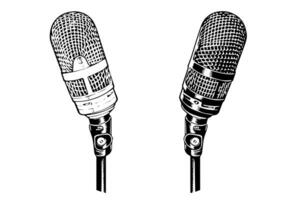 Clásico retro micrófono mano dibujado bosquejo grabado estilo vector ilustración. foto