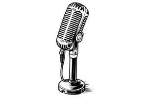 Vintage retro microphone hand drawn sketch engraving style vector illustration.