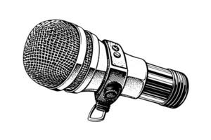 Clásico micrófono mano dibujado bosquejo grabado estilo vector ilustración. foto