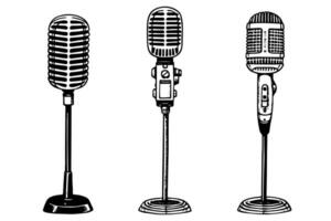 Vintage retro microphone hand drawn sketch engraving style vector illustration.