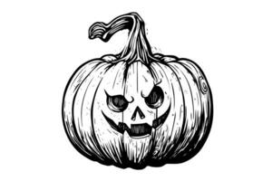 Víspera de Todos los Santos calabaza cabeza mascota grabado tinta bosquejo mano dibujado vector ilustración.