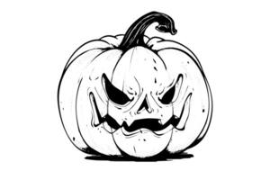 Víspera de Todos los Santos calabaza cabeza mascota grabado tinta bosquejo mano dibujado vector ilustración. foto