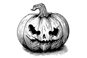 Víspera de Todos los Santos calabaza cabeza mascota grabado tinta bosquejo mano dibujado vector ilustración. foto