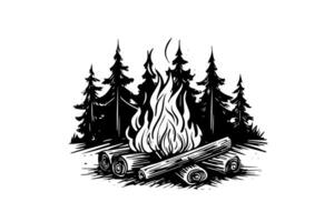 Hand drawn camping bonfire. Vector illustration of fire in sketch engraving style. photo