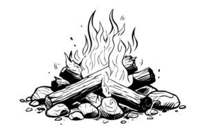 Hand drawn camping bonfire. Vector illustration of fire in sketch engraving style. photo