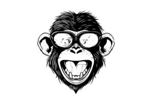 Monkey  face in glasses hand drawn vector illustration in engraving style ink sketch.