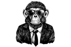 Monkey businessman dressed. Vector engraving style sketch illustration.