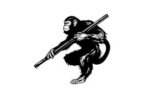 Karate monkey with a stick in his hands. Vector engraving style sketch illustration. photo