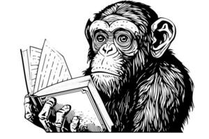 Monkey with books. Ink sketch engraving vector illustration.