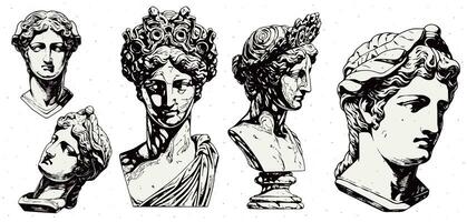 Set of antique statue head of greek sculpture sketch engraving style vector illustration pack. photo