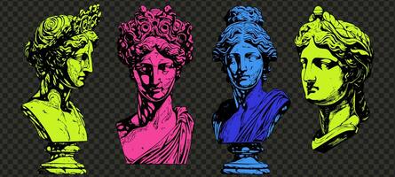 Set of color antique statue head of greek sculpture sketch engraving style vector illustration pack. photo