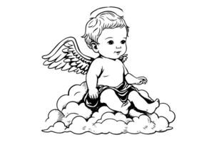 Hand drawn engraving sketch of cute little angel sits on a cloud. Vector illustration. photo