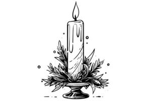 Thick christmas candles burning. Hand drawn sketch engraving style vector illustration. photo