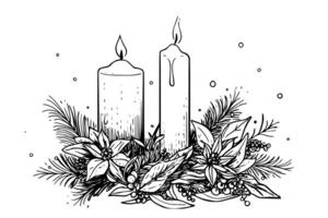 Thick christmas candles burning. Hand drawn sketch engraving style vector illustration. photo