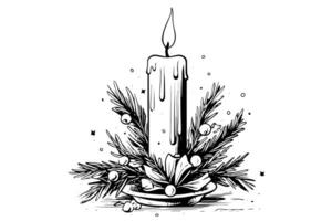 Thick christmas candles burning. Hand drawn sketch engraving style vector illustration. photo