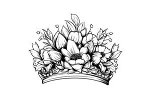 Hand drawn flower crown ink sketch. Vintage engraved vector illustration. photo