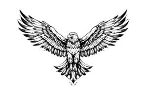 Flying eagle logotype mascot in engraving style. Vector illustration of sign or mark. photo