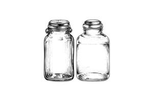 Empty glass jars ink sketch. Vector vintage black engraving illustration. photo