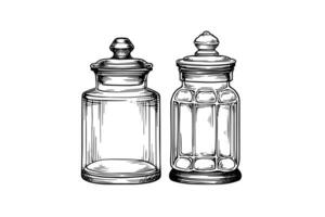 Empty glass jars ink sketch. Vector vintage black engraving illustration. photo