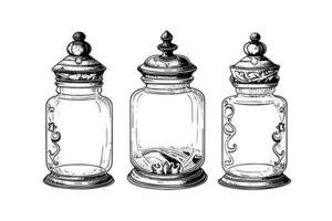 Empty glass jars ink sketch. Vector vintage black engraving illustration. photo