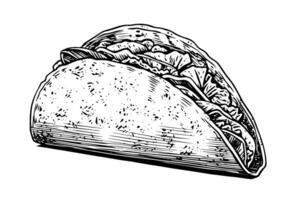 Hand drawn ink sketch of taco. Traditional mexican fast food illustration. Vector drawing. photo