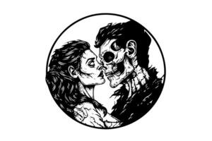 Zombie couple boy and girl ink sketch. Walking dead match hand drawing vector illustration. photo