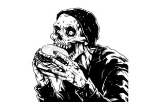 zombi come un hamburguesa tinta bosquejo. caminando muerto rápido comida mano dibujo vector ilustración. foto