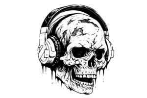 Zombie head on headphones ink sketch. Walking dead hand drawing vector illustration. photo