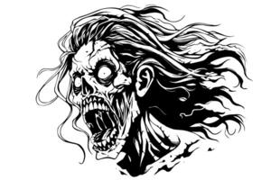 Zombie head or face ink sketch. Walking dead hand drawing vector illustration. photo