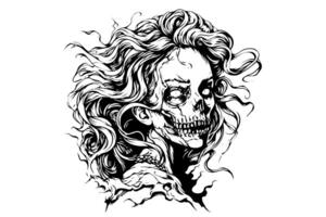 Zombie head or face ink sketch. Walking dead hand drawing vector illustration. photo